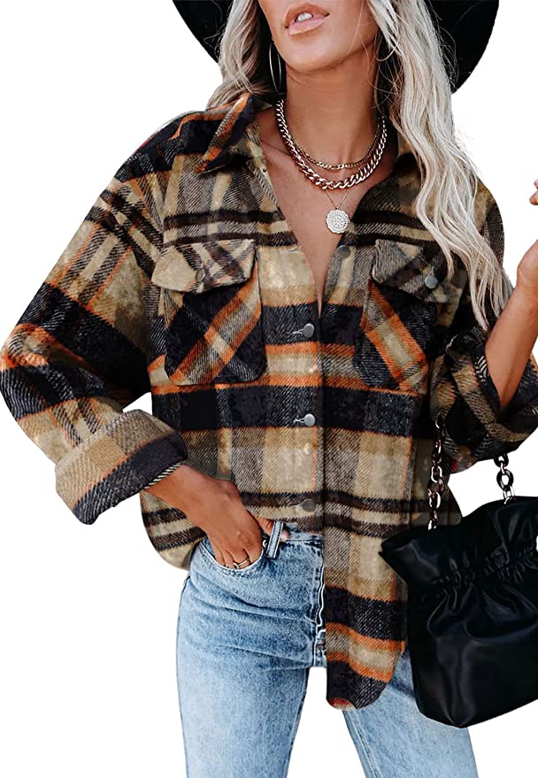 Womens Flannel Plaid Shackets Jackets 2024 Long Sleeve Shirts Tops Fashion Button Down Corduroy Outfits Clothes with Pockets