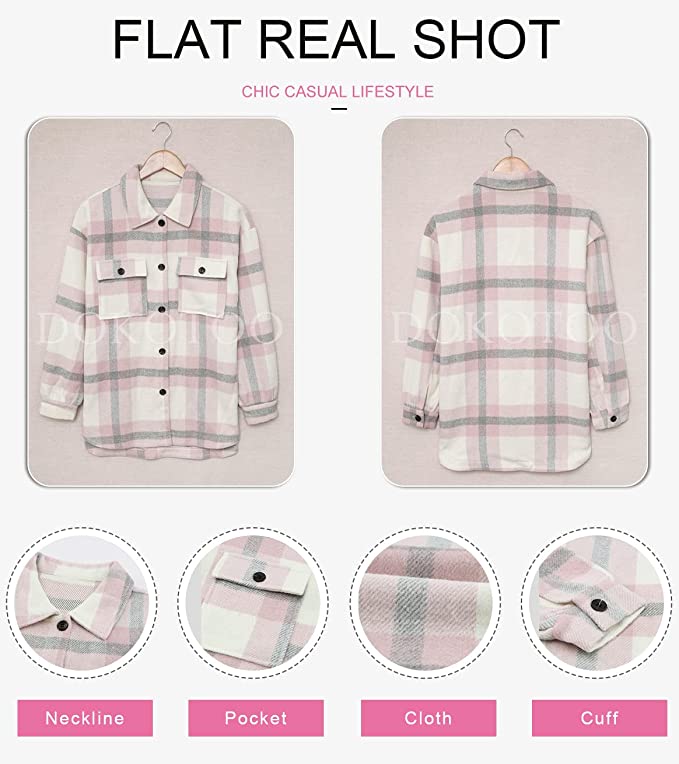 Womens Casual Plaid Button Down Long Sleeve Shirts Flannel Shacket Jacket Coats