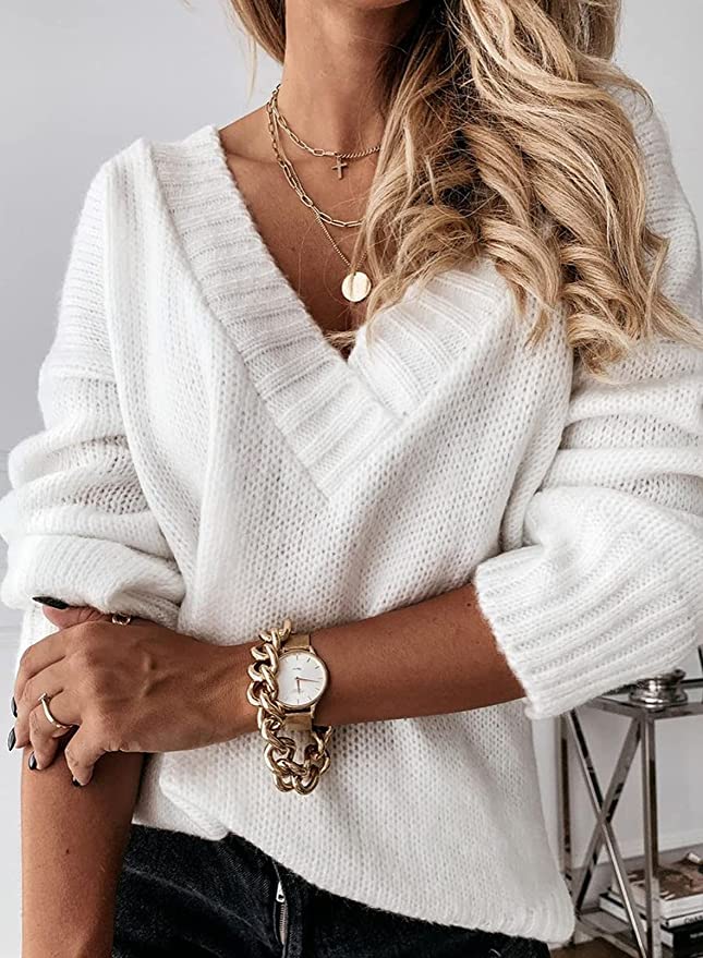 Oversized Sweaters for Women Sexy Deep V Neck Long Sleeve Cable