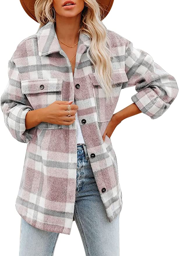 Womens Casual Plaid Button Down Long Sleeve Shirts Flannel Shacket Jacket Coats