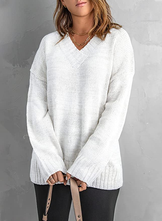 Women's White Knit Oversized Sweater, White Crew-neck T-shirt