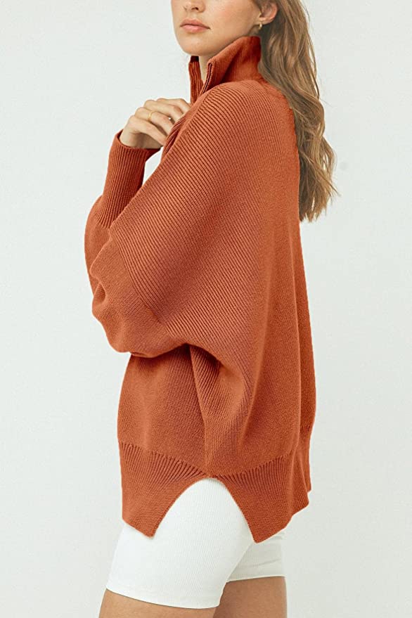 Women's 1/4 Zip Collared Sweaters Long Sleeve Oversized Slit Side