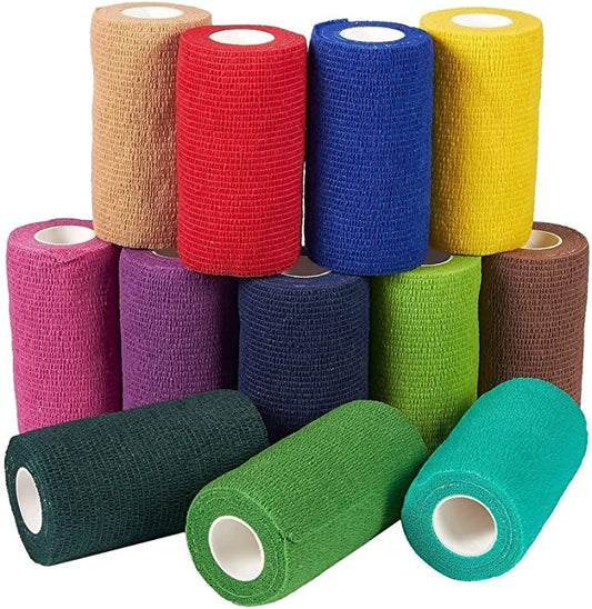12 Rolls Colorful Self Adhesive Bandage Wrap, 4 Inch x 5 Yards Cohesive Vet Tape for First Aid (12 Colors)