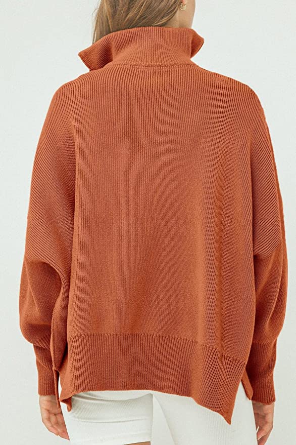 Women's 1/4 Zip Collared Sweaters Long Sleeve Oversized Slit Side